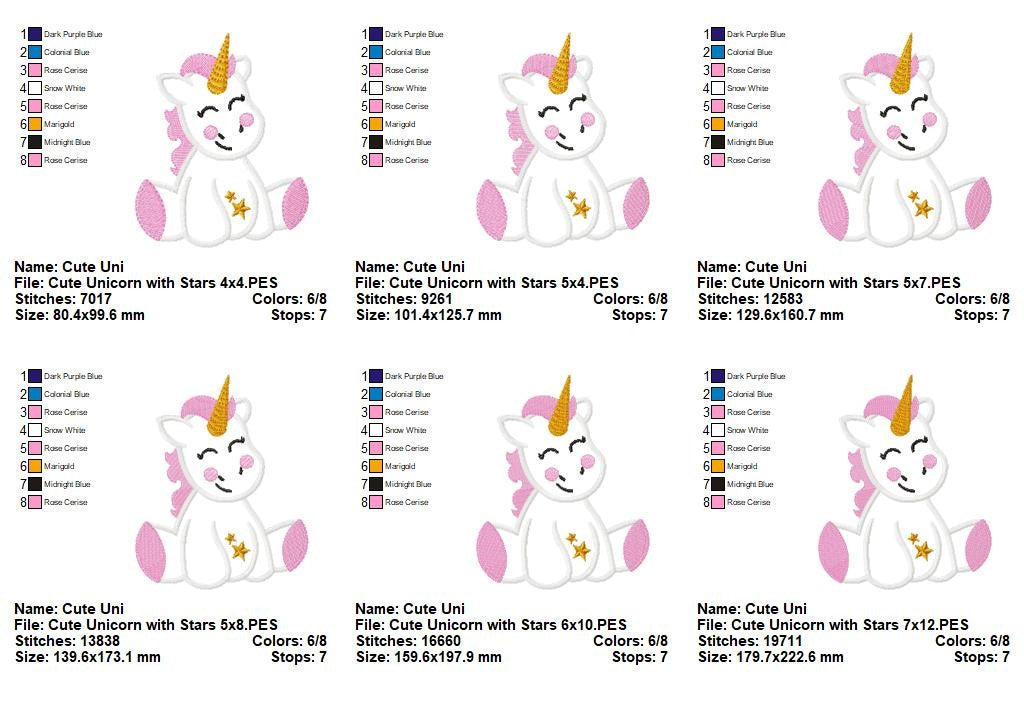 Cute Unicorn with Stars - Appliqué - Machine Embroidery Design