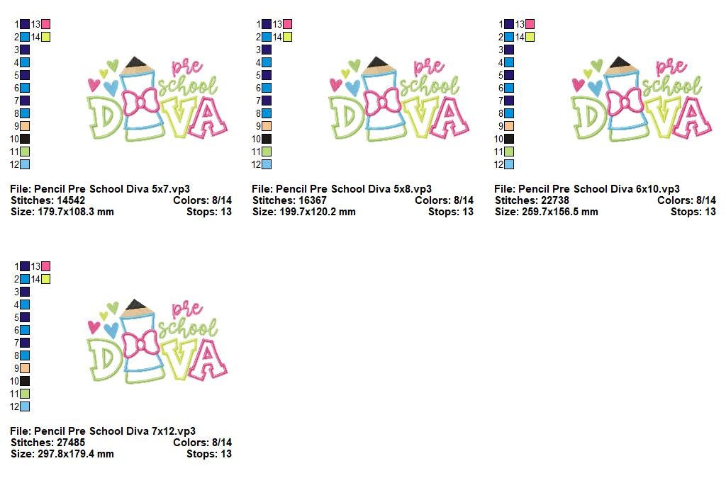 Pre School Diva Pencil - Appliqué - Machine Embroidery Design