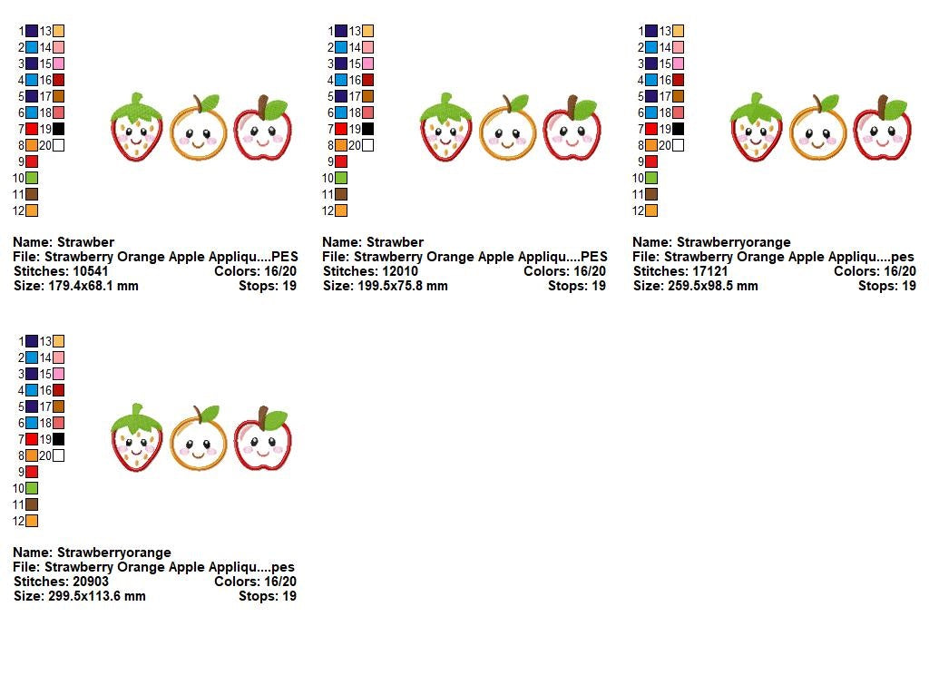 Strawberry Orange Apple – Appliqué – Machine Embroidery Design