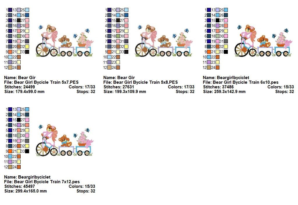Bear Girl Bicycle Train - Appliqué - Machine Embroidery Design