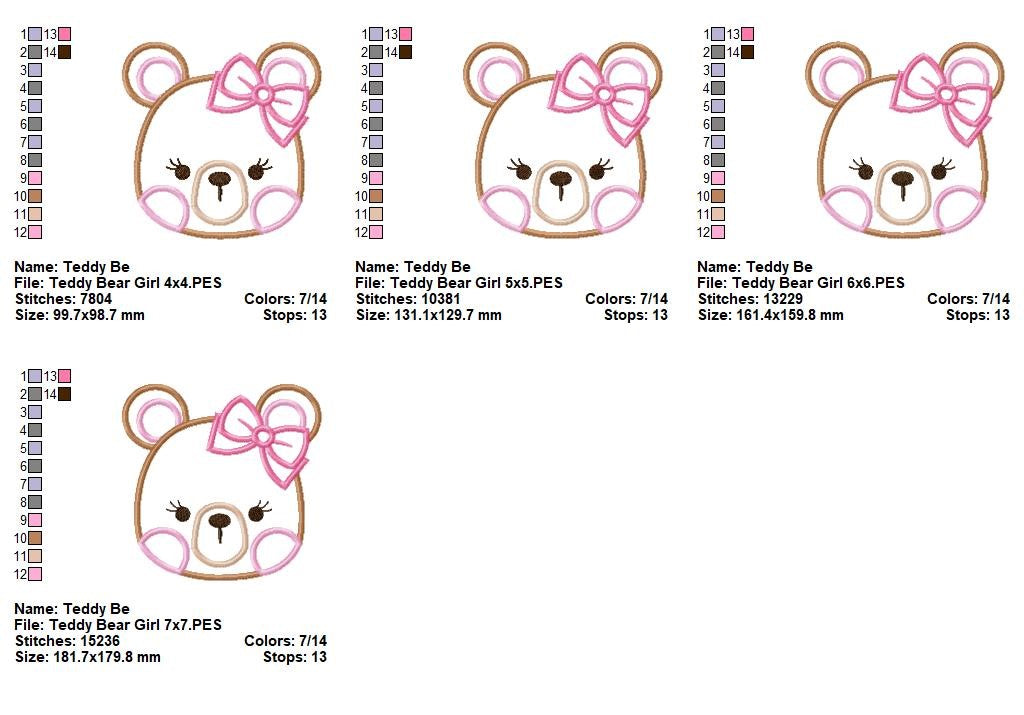 Sweet Teddy Bear Girl Face - Appliqué - Machine Embroidery Design
