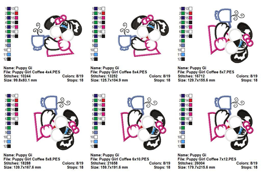 Cute Puppy Girl with Coffee – Appliqué – Machine Embroidery Design
