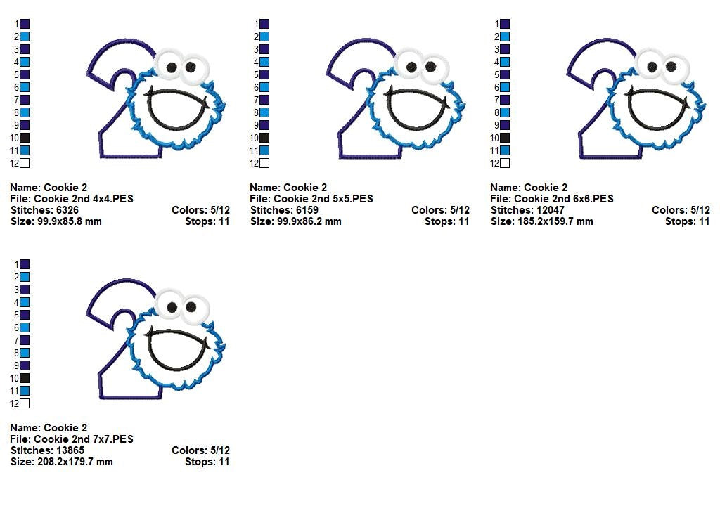 Cookie Monster 2nd Birthday Number 2 - Applique - Machine Embroidery Design