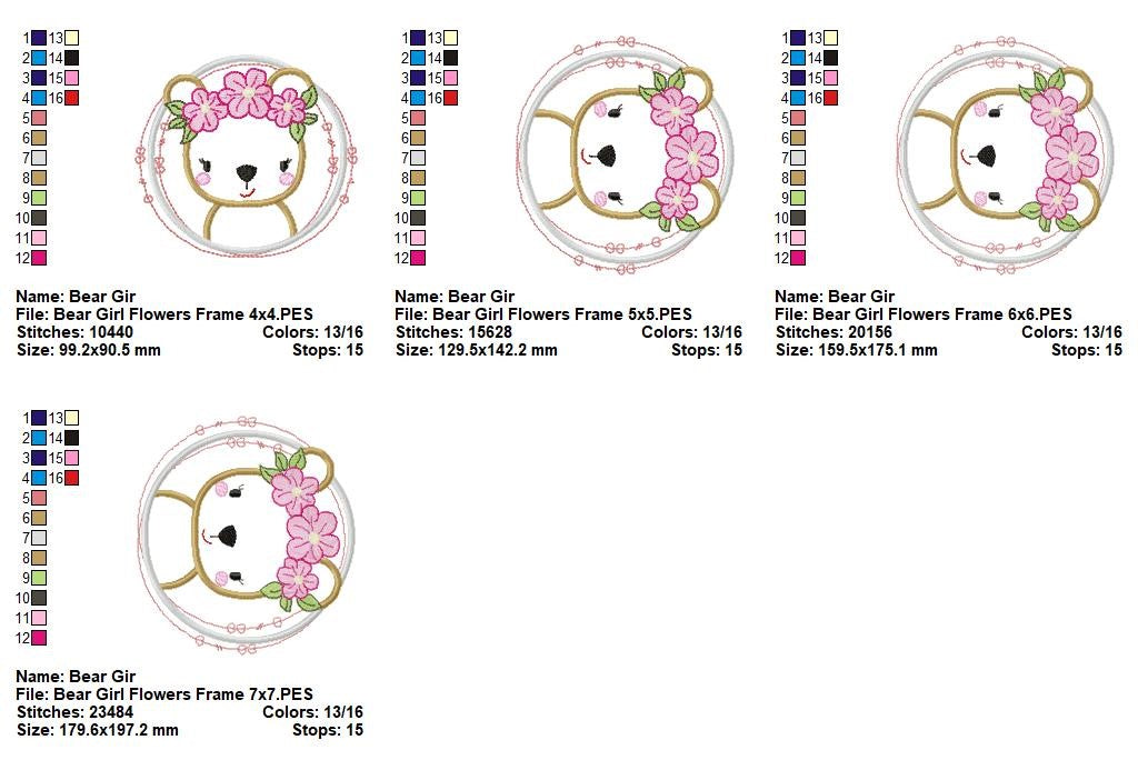 Bear Girl Flowers Frame - Applique - Machine Embroidery Design