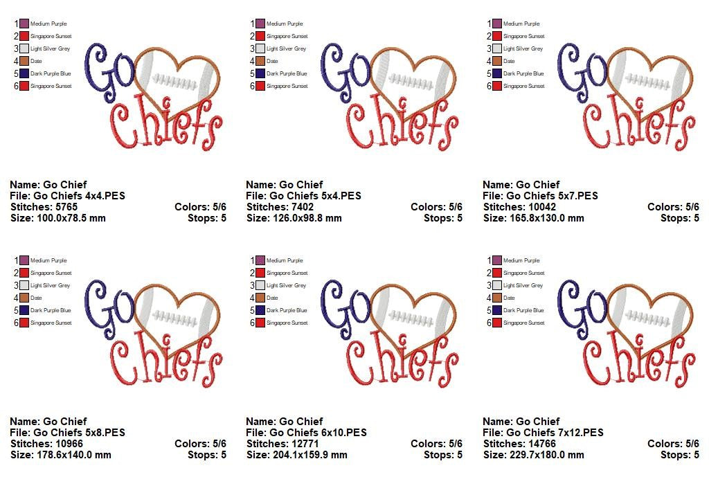 Go Chiefs Football Heart – Appliqué – Machine Embroidery Design