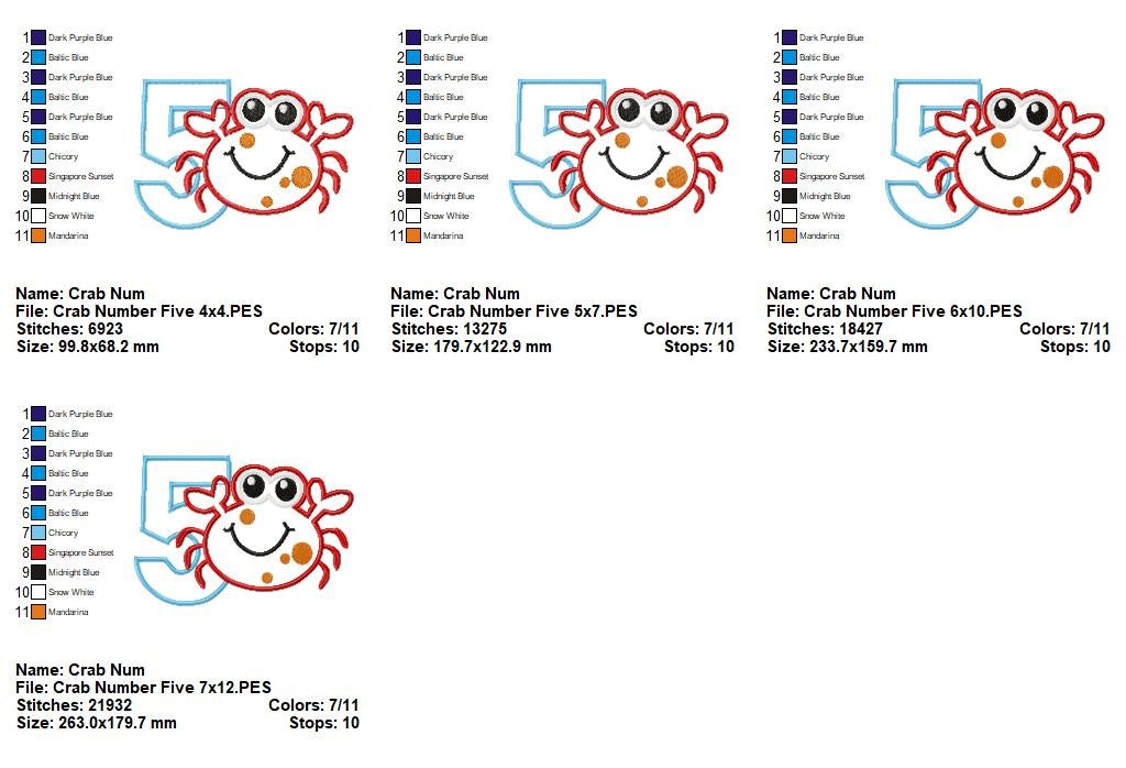 Happy Crab Number Five - Applique - Machine Embroidery Design