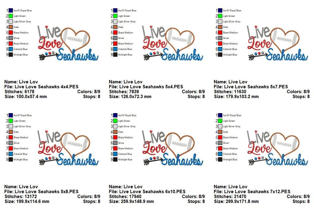 Live Love Seahawks Football Heart – Appliqué Satin Stitch – Machine Embroidery Design
