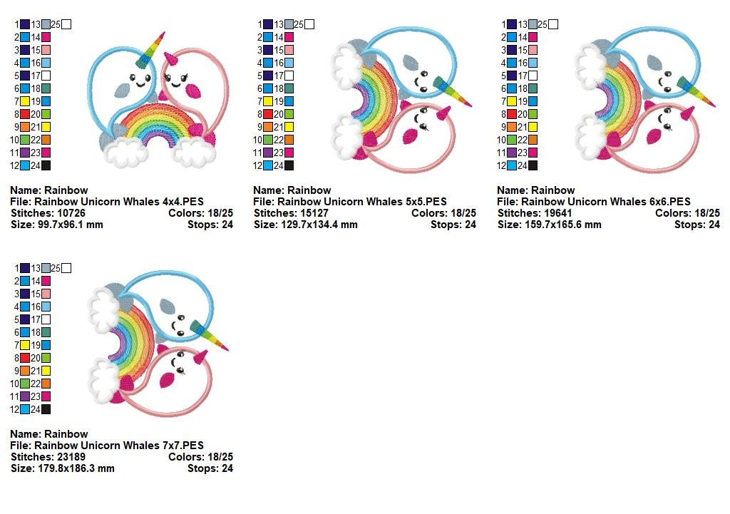 Rainbow Unicorn Whales – Appliqué – Machine Embroidery Design
