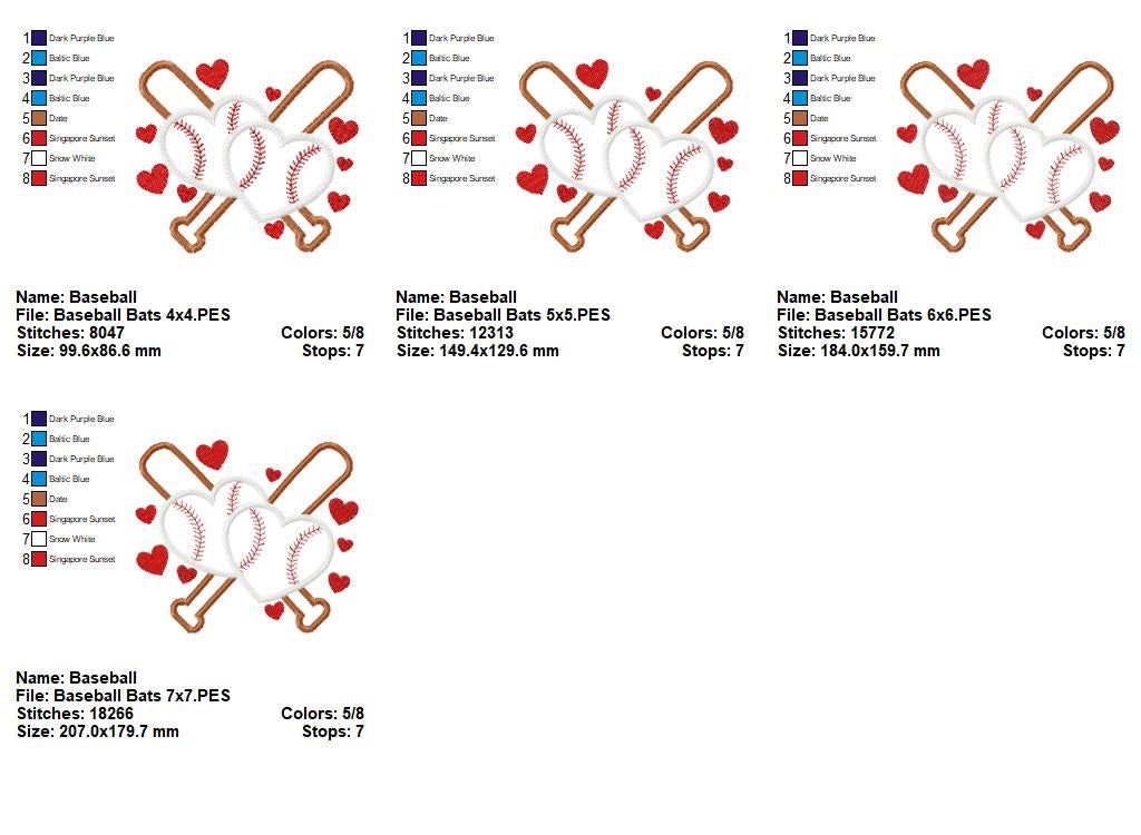 Baseball Bats and Hearts - Applique - Machine Embroidery Design