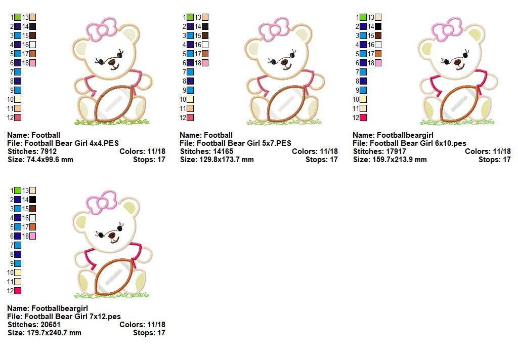Sweet Football Teddy Girl – Appliqué - Machine Embroidery Design