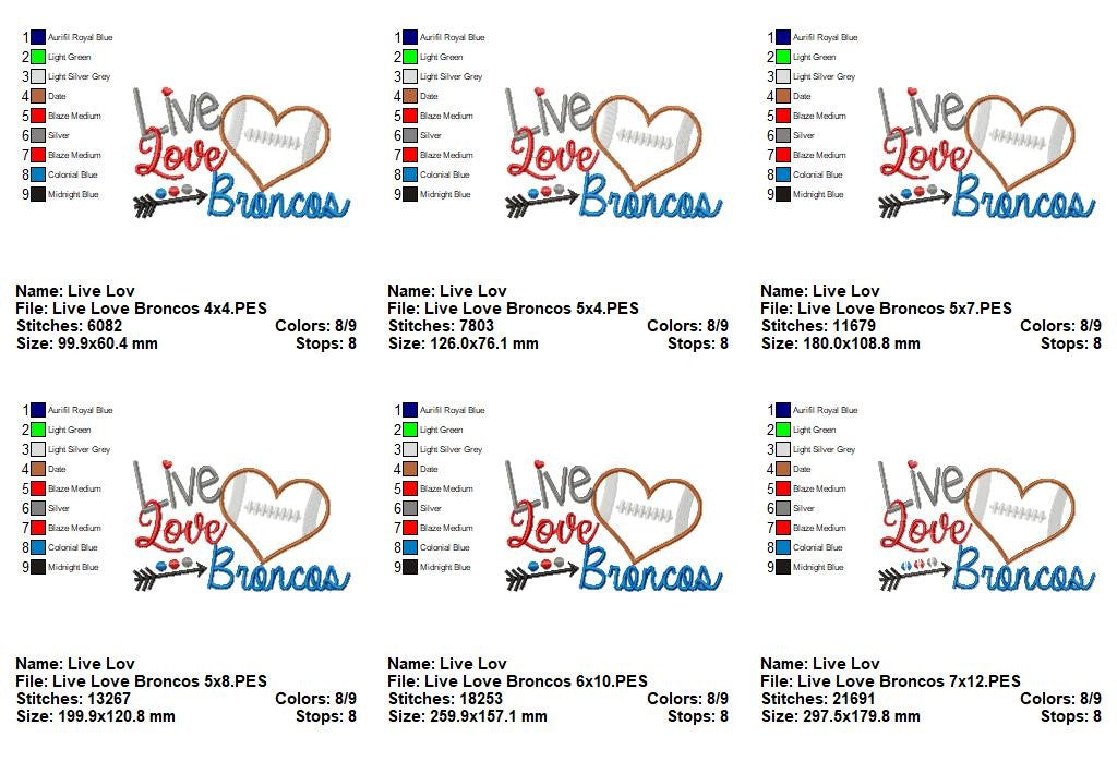 Live Love Broncos Football Heart – Appliqué – Machine Embroidery Design