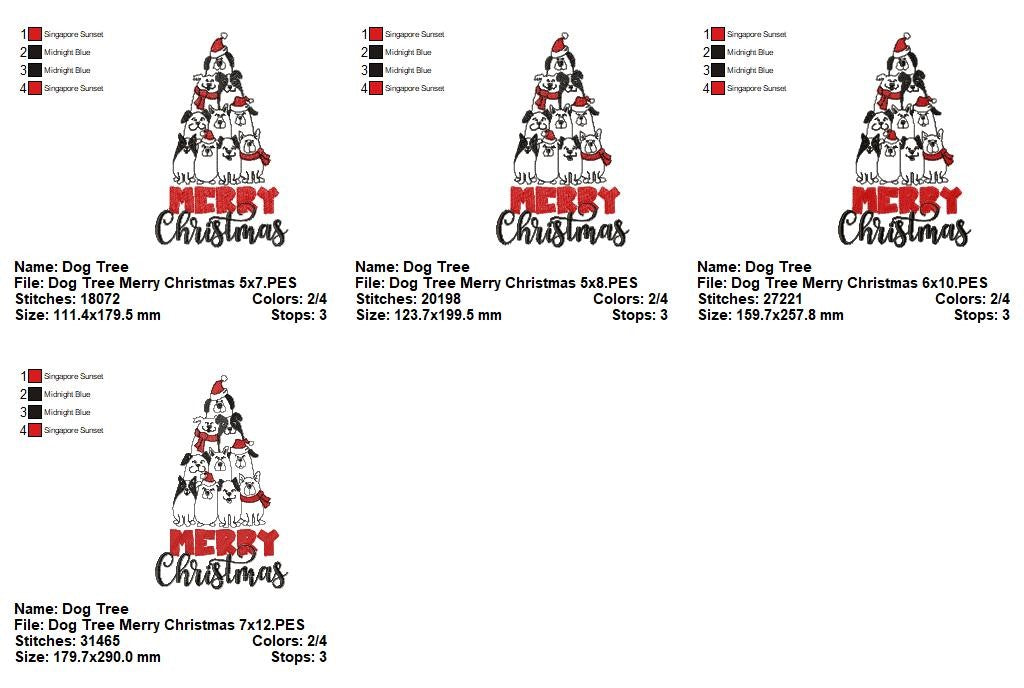 Merry Christmas Puppy Tree - Redwork Stitch - Machine Embroidery Design