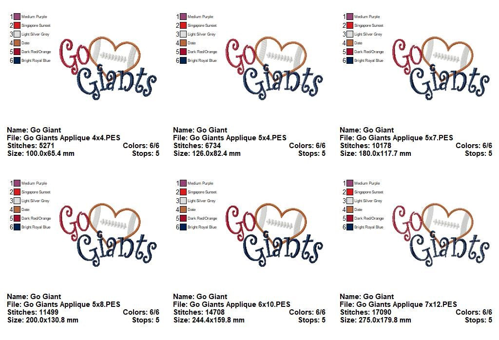 Go Giants Football Heart – Appliqué – Machine Embroidery Design