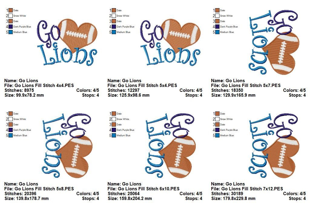 Go Lions Football Heart – Fill Stitch – Machine Embroidery Design