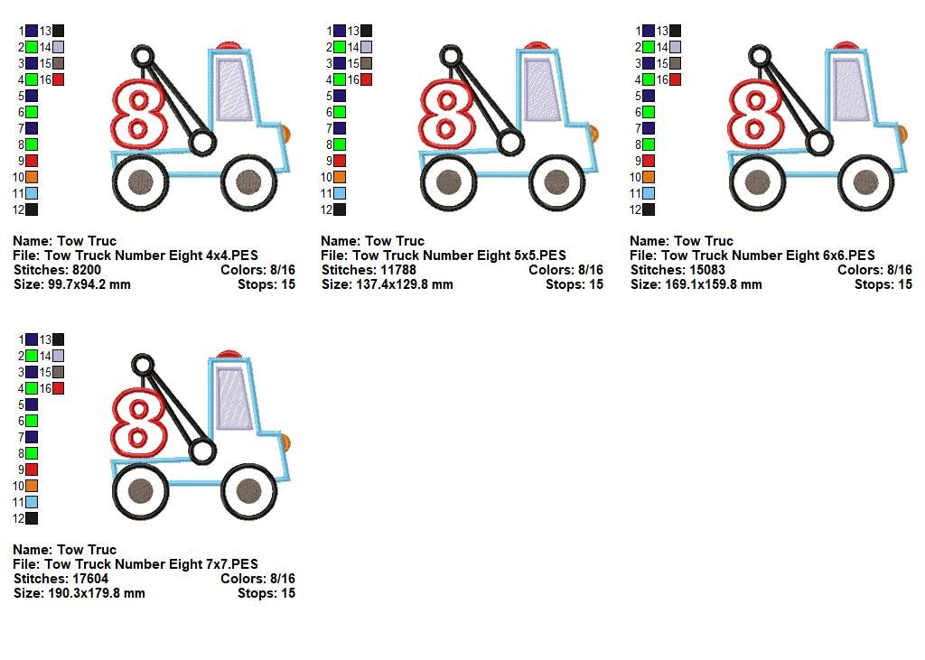 Tow Truck Number Eight Appliqué – Machine Embroidery Design