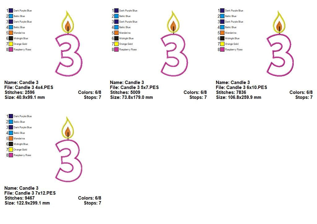 Cute Birthday Candle Number 3 - Appliqué - Machine Embroidery Design