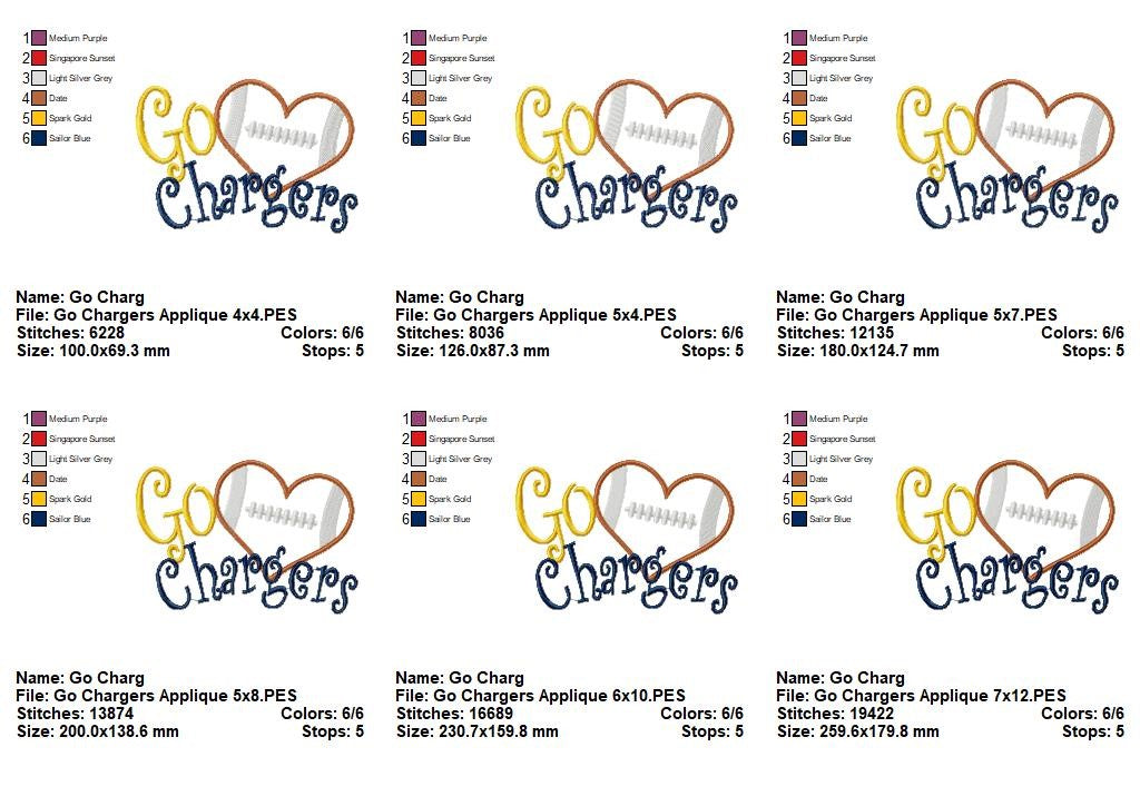 Go Chargers Football Heart – Machine Embroidery Design