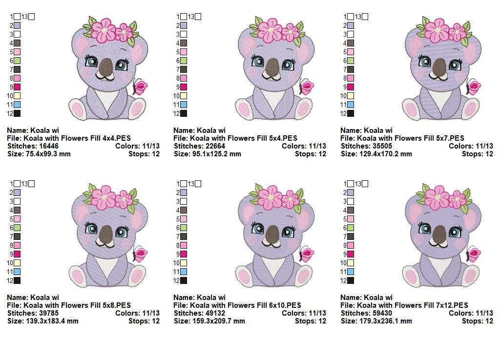 Sweet Floral Koala - Fill Stitch - Machine Embroidery Design