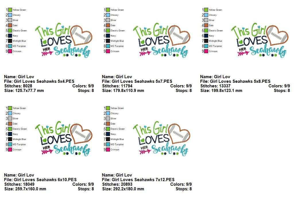 This Girl Loves Seahawks Football - Appliqué - Machine Embroidery Design