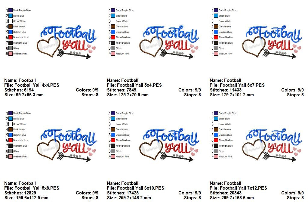 Football Y’all Heart - Appliqué - Machine Embroidery Design
