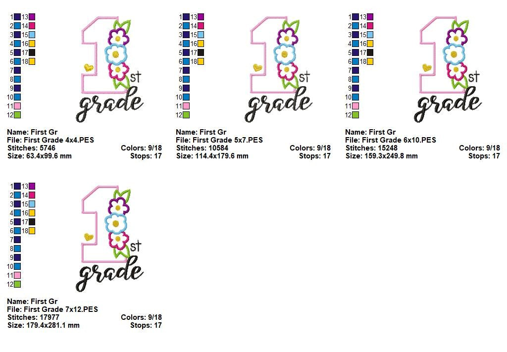 First Grade Flowers - Appliqué - Machine Embroidery Design