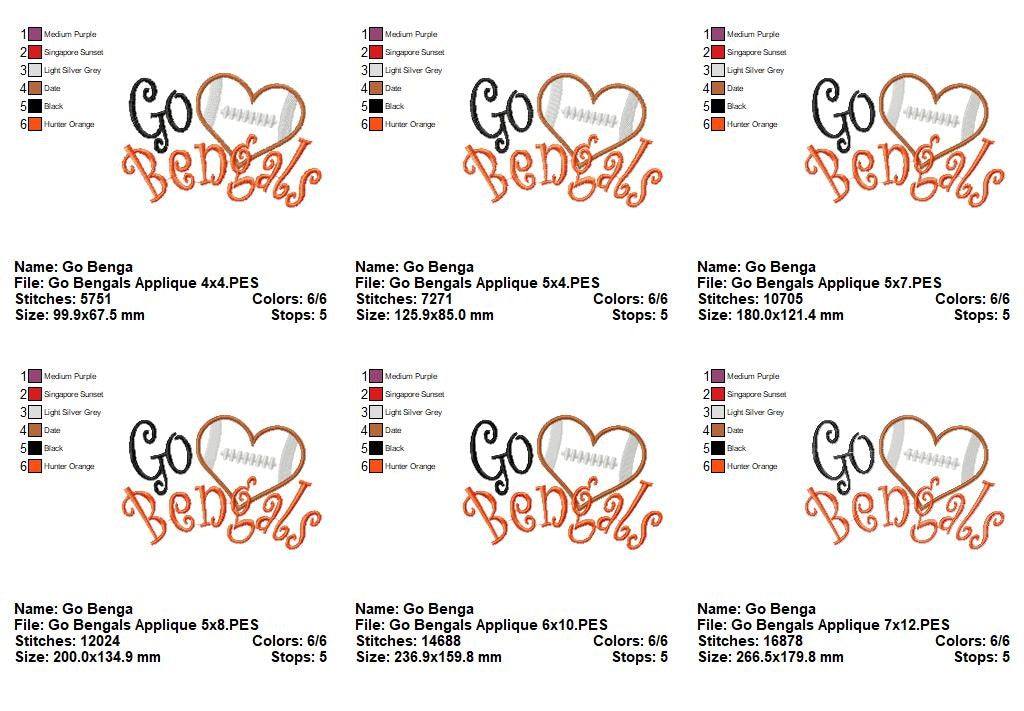 Go Bengals Football Heart – Appliqué – Machine Embroidery Design