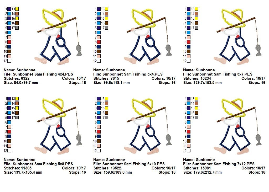 Sunbonnet Sam Fishing - Applique - Machine Embroidery Design