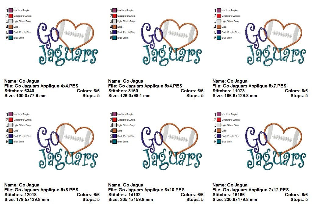 Go Jaguars Football Heart – Appliqué – Machine Embroidery Design