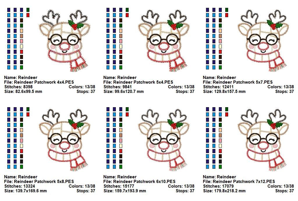 Merry Patchwork Reindeer - Zigzag Patchwork Applique - Machine Embroidery Design