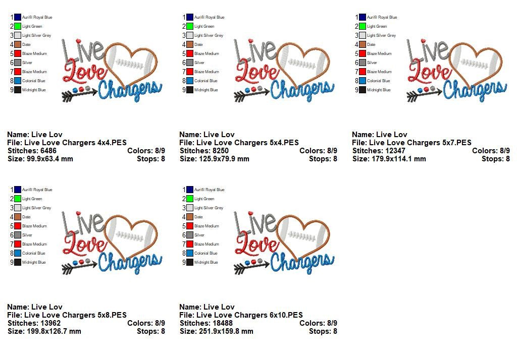 Live Love Chargers Football – Appliqué – Machine Embroidery Design