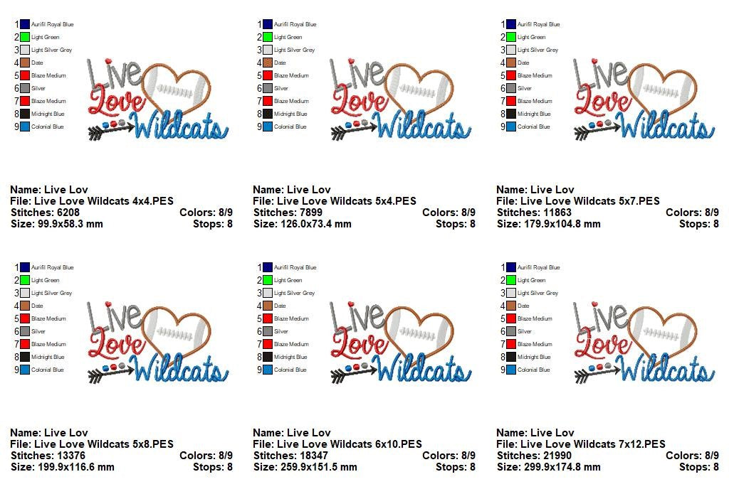 Live Love Wildcats Football Heart – Appliqué – Machine Embroidery Design