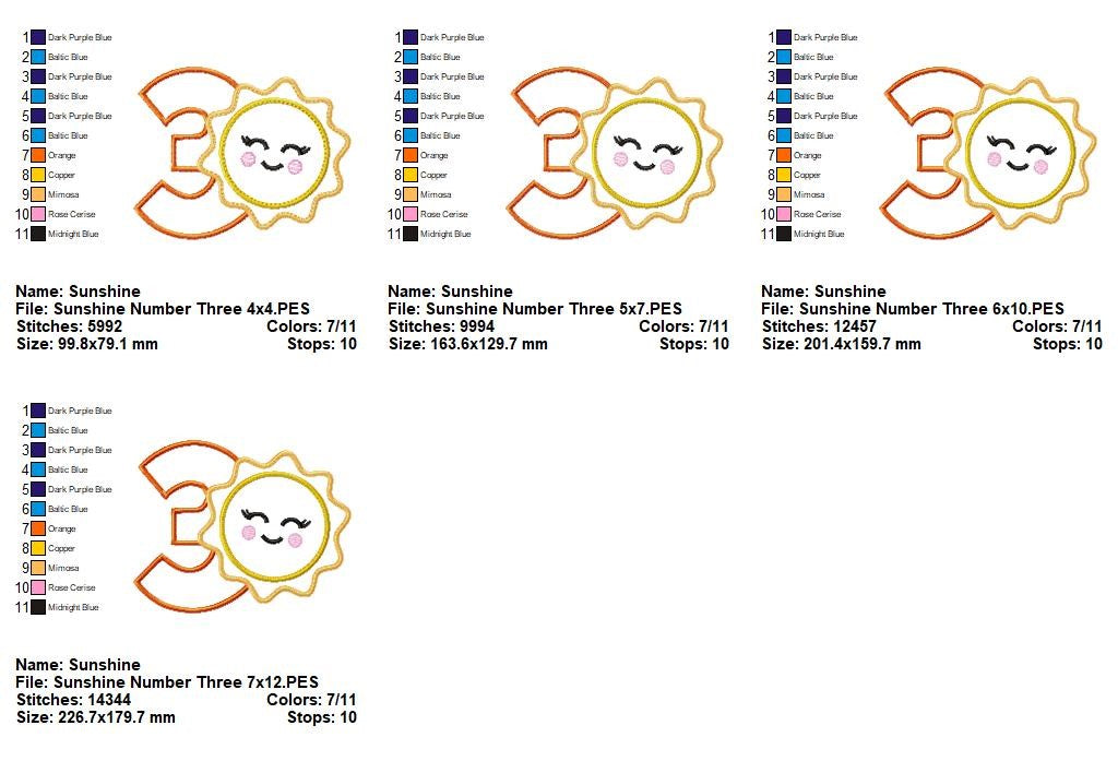 Sunny Third Birthday - Appliqué - Machine Embroidery Design