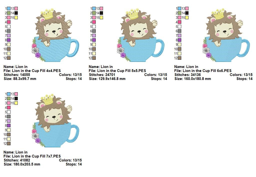 Little Lion in Teacup - Fill Stitch - Machine Embroidery Design