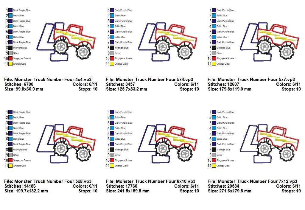 Monster Truck Number Four - Applique - Machine Embroidery Design
