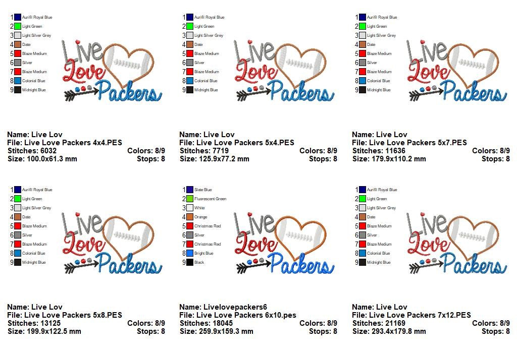 Live Love Packers Football Heart – Appliqué – Machine Embroidery Design