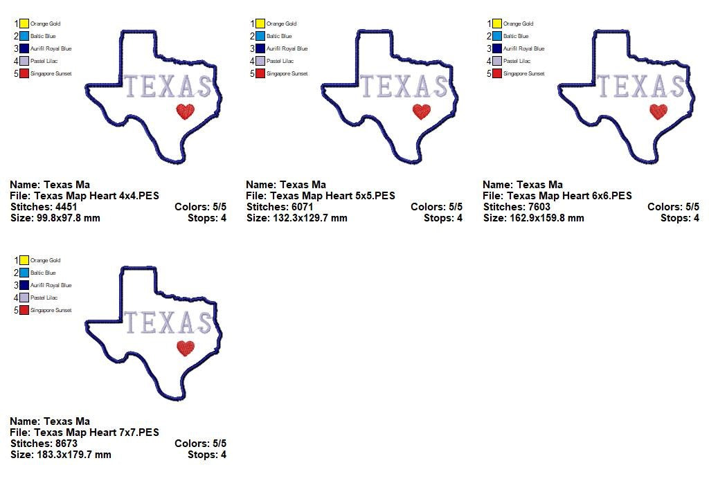 Texas Map Heart – Appliqué – Machine Embroidery Design