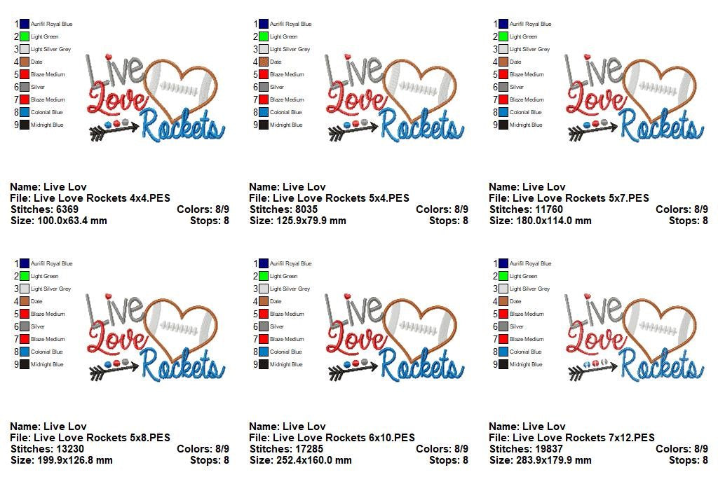 Live Love Rockets Football Heart - Appliqué - Machine Embroidery Design