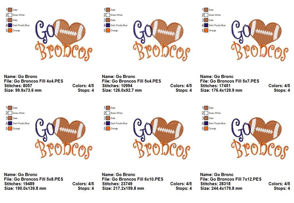 Go Broncos Football Heart – Fill Stitch – Machine Embroidery Design