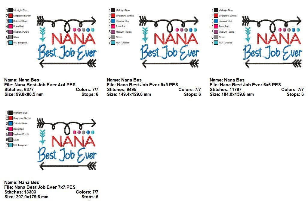 Nana Best Job Ever – Satin Stitch – Machine Embroidery Design