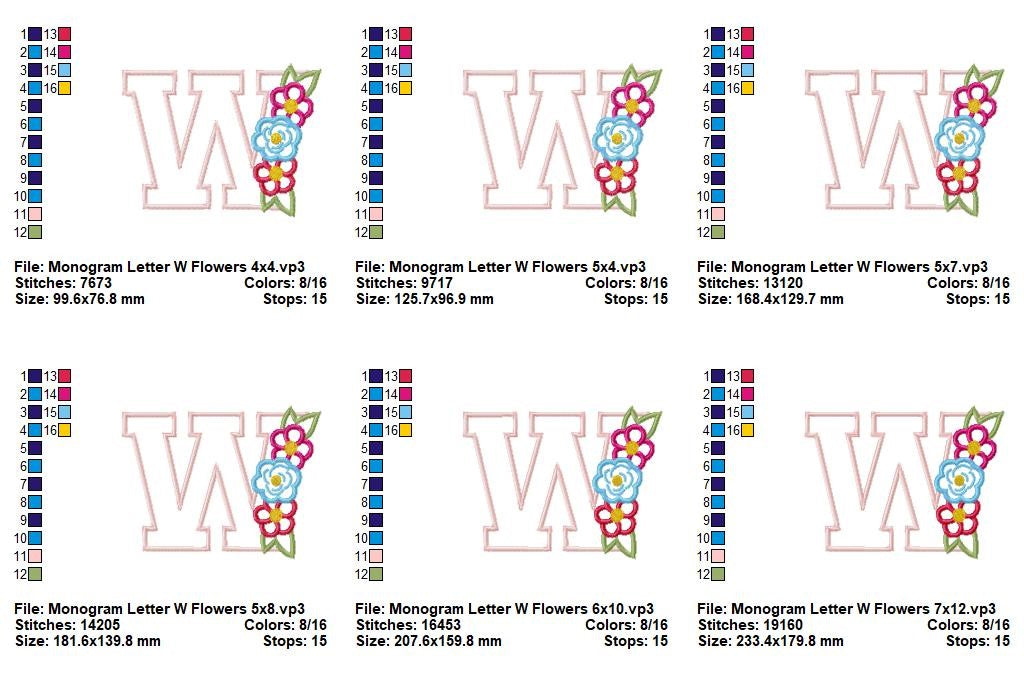 Floral Letter W Monogram - Appliqué - Machine Embroidery Design