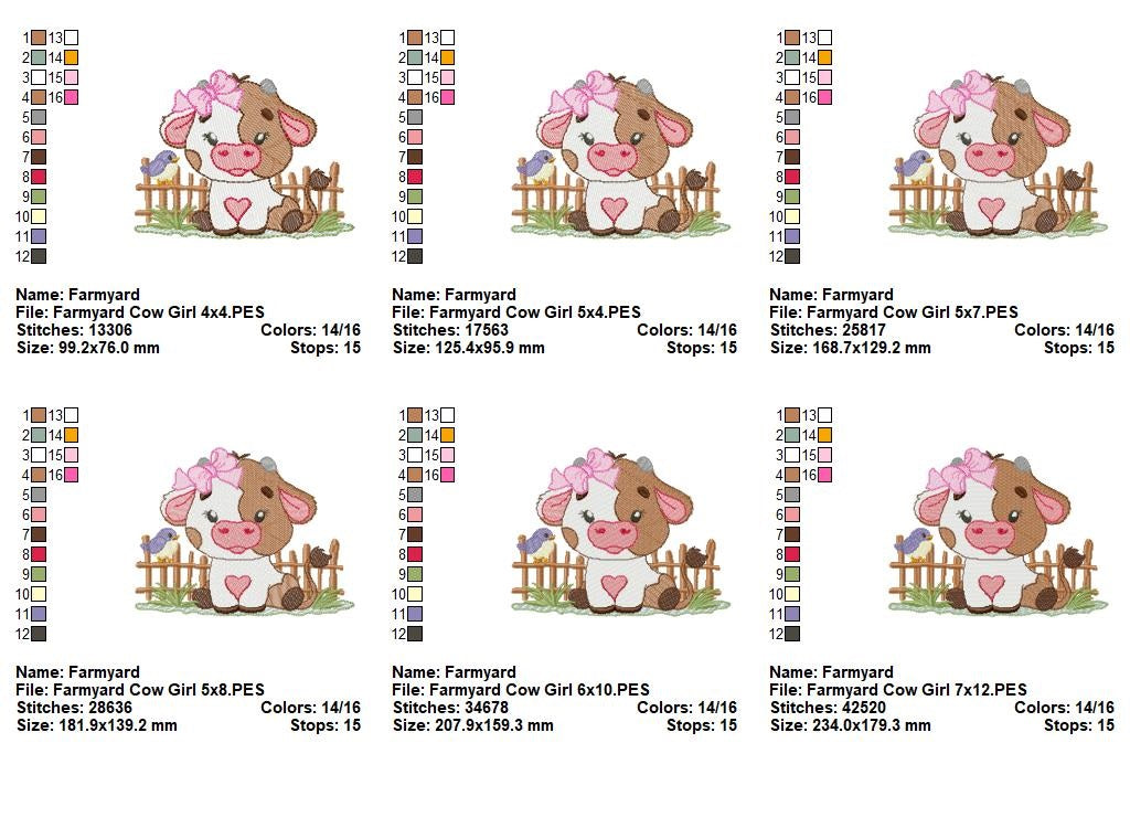Adorable Farm Girl Cow in Front of Fence - Fill Stitch - Machine Embroidery Design