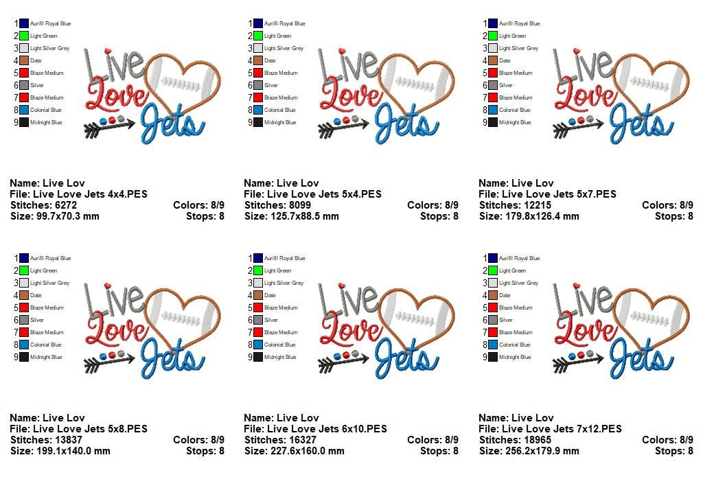 Go Jets Football Heart – Appliqué – Machine Embroidery Design