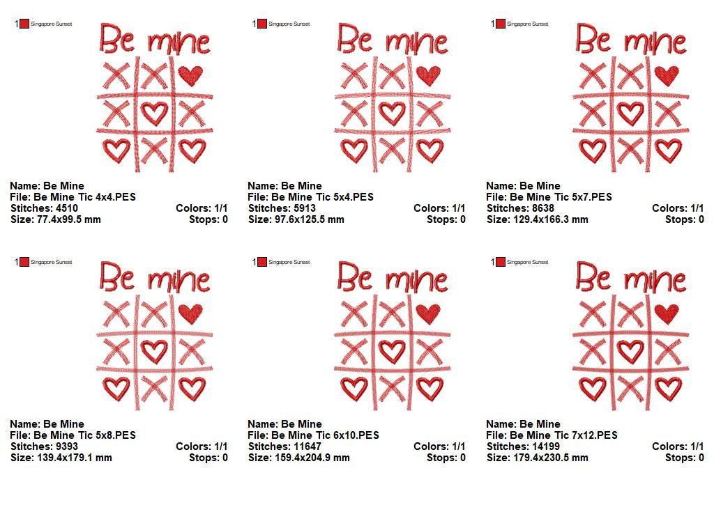 Be Mine Tic Tac Toe - Fill Stitch - Machine Embroidery Design