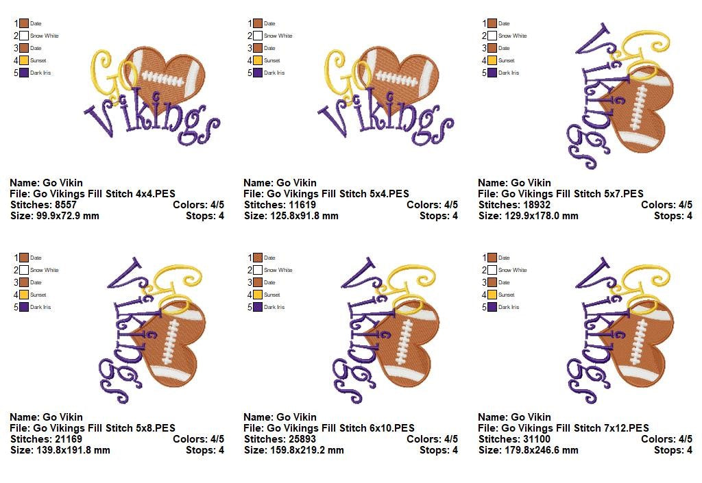 Go Vikings Football Heart – Fill Stitch – Machine Embroidery Design