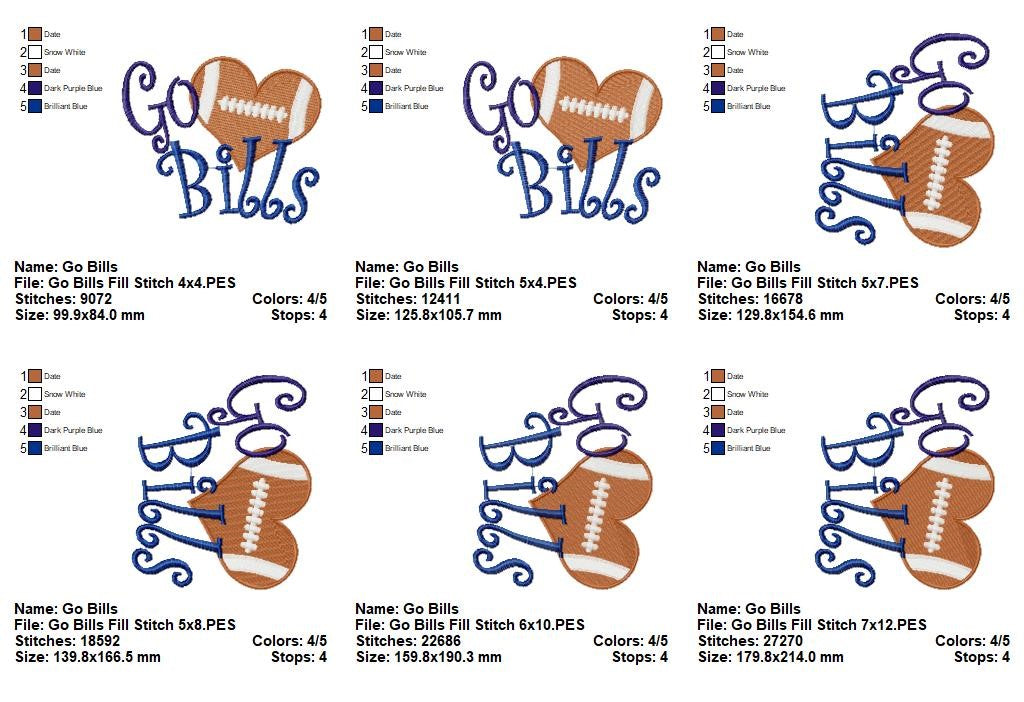 Go Bills Football Heart – Fill Stitch – Machine Embroidery Design