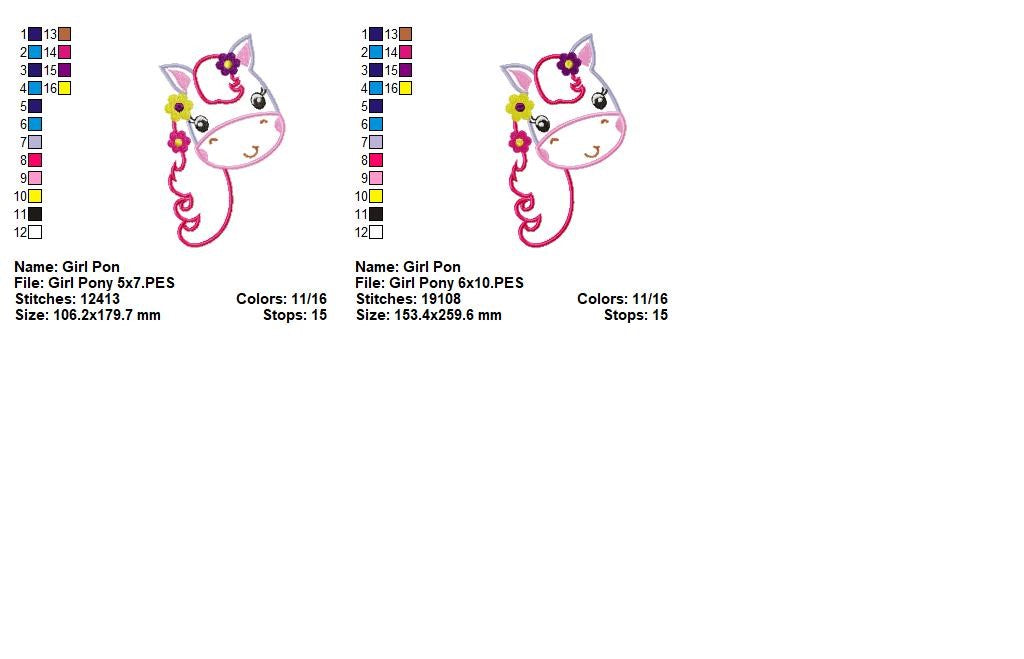 Sweet Floral Pony Girl - Appliqué – Machine Embroidery Design