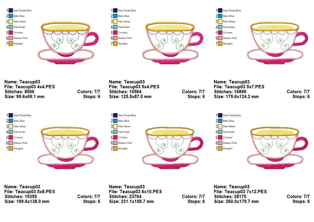 Cute 3 Teacups - Applique - Set of 3 Designs - Machine Embroidery Design