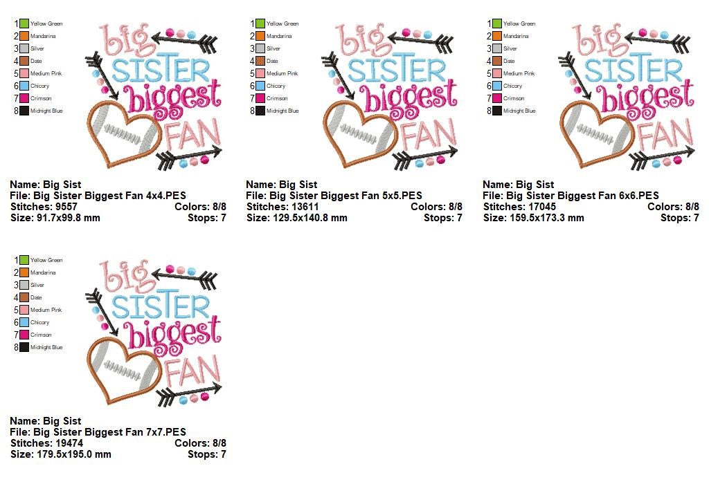 Big Sister Biggest Fan Football Heart - Appliqué - Machine Embroidery Design