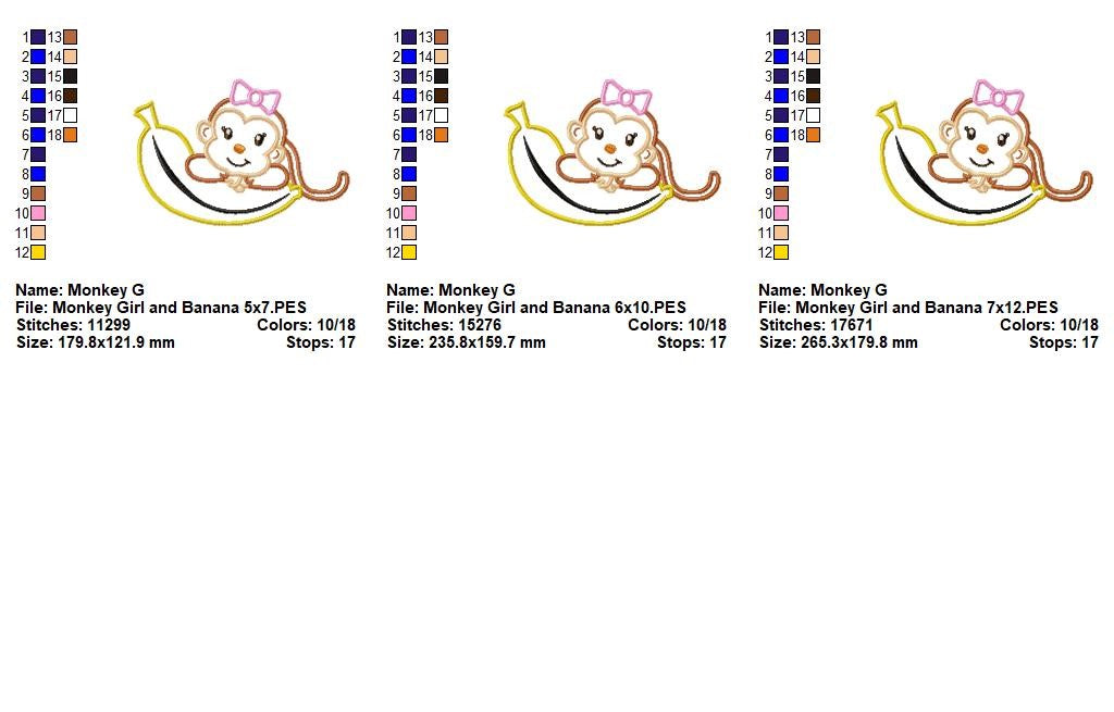 Monkey Girl on Banana – Applique Stitch – Machine Embroidery Design
