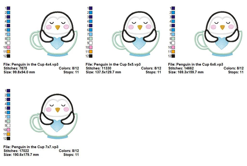 Sweet Penguin in Teacup – Appliqué – Machine Embroidery Design